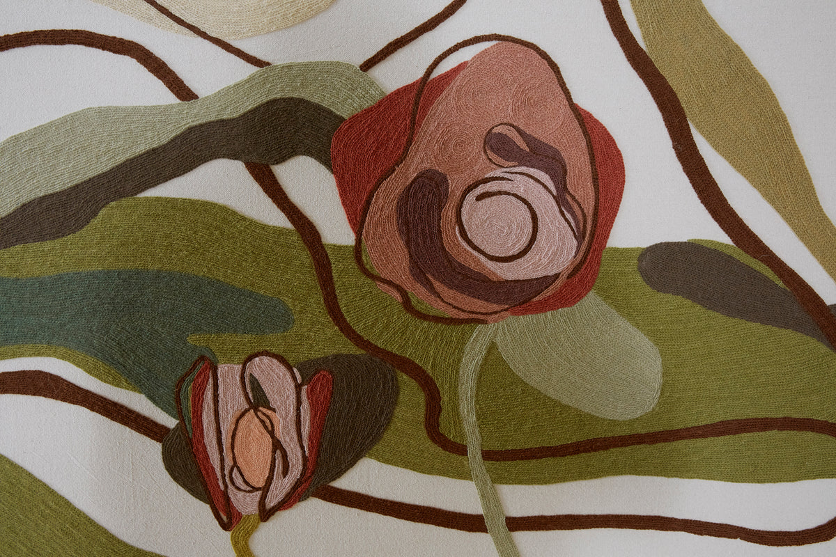 Close-up of a crewel work fabric with a pattern of red flowers and green leaves on a beige background