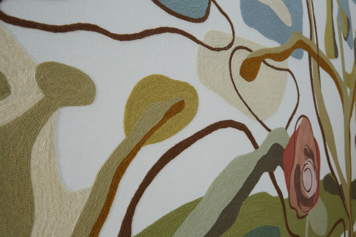Close-up of a fabric with abstract floral pattern in earthy tones.