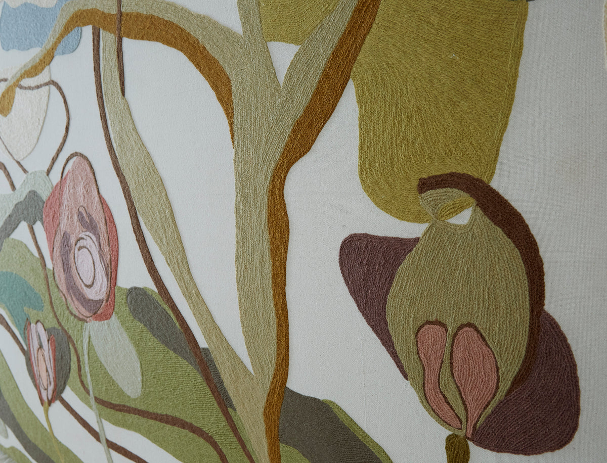 Close-up of a fabric with floral pattern in earthy tones on a neutral background